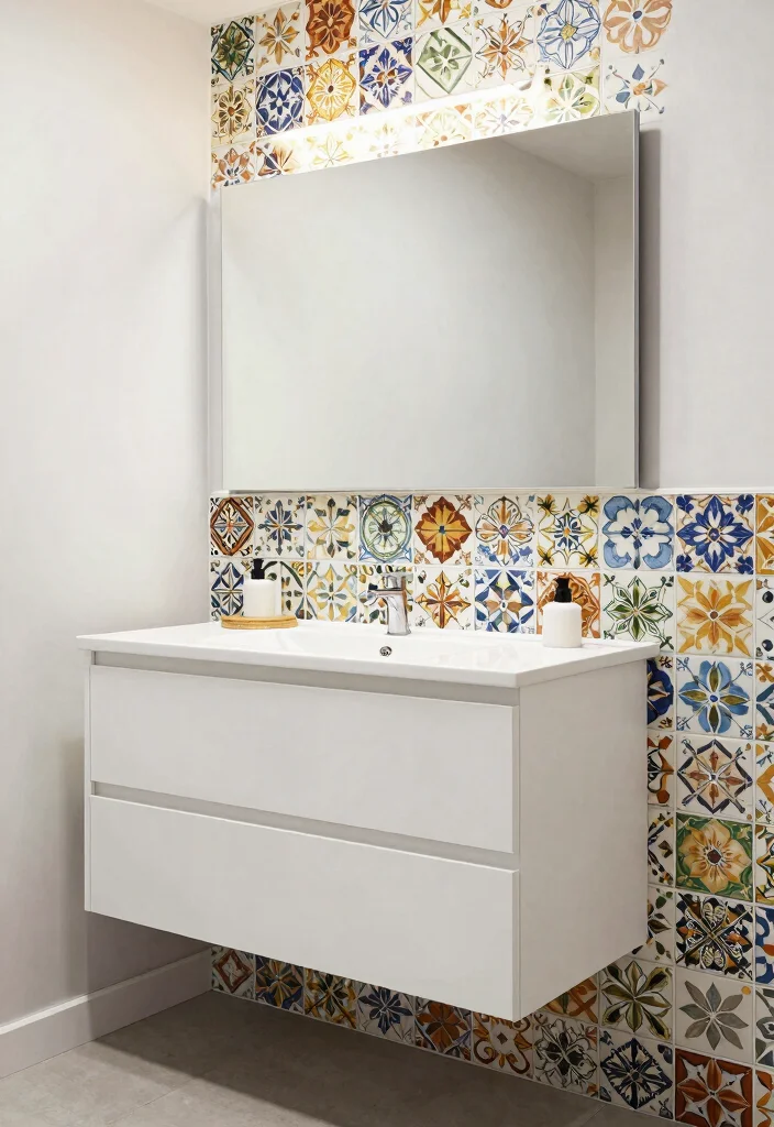 14 White Vanity Bathroom Ideas With Bright Clean Style - 6. Statement Backsplashes 1