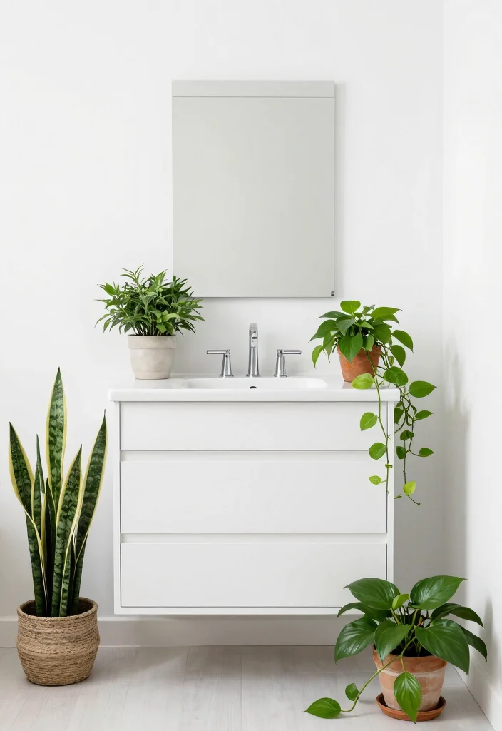 14 White Vanity Bathroom Ideas With Bright Clean Style - 9. Greenery and White Accents 1