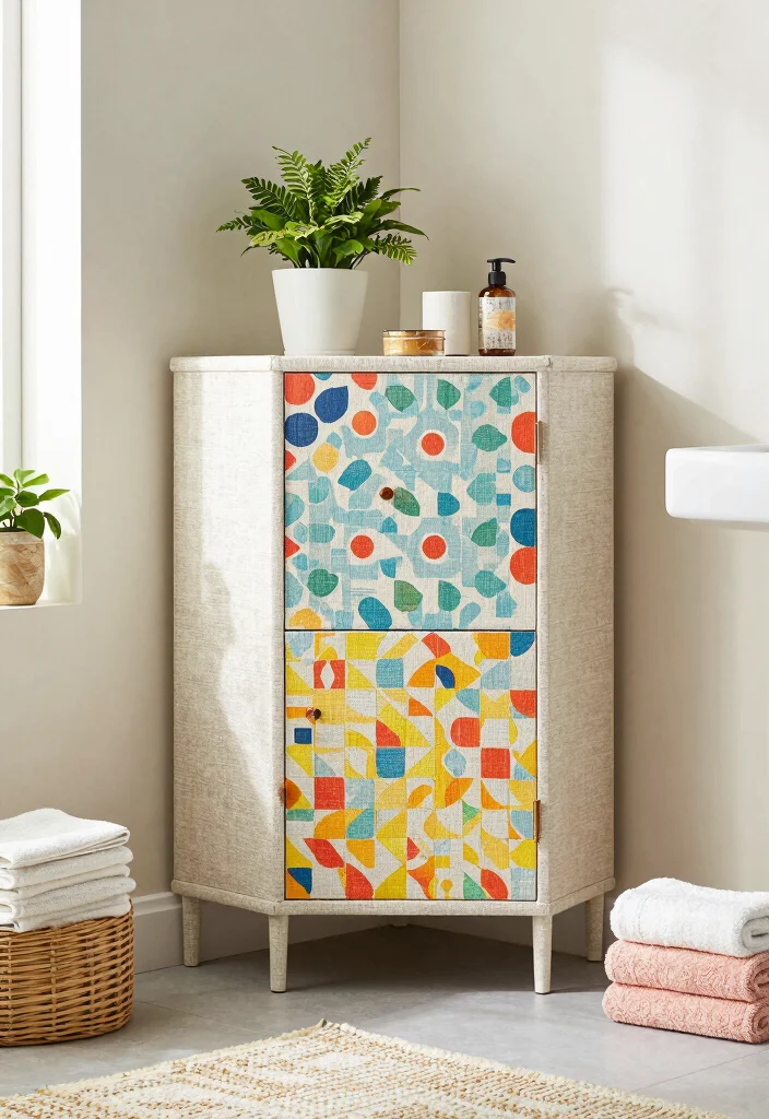 15 Bathroom Corner Cabinet Ideas For Extra Storage - 13. Textured Fabric Cabinets 1