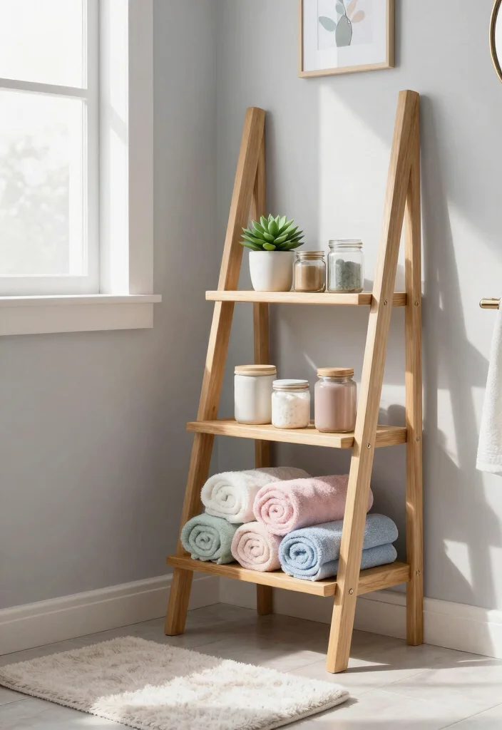 15 Bathroom Shelf Ideas For Smart Vertical Storage - 1. Ladder Shelving: Stylish and Space-Saving 1
