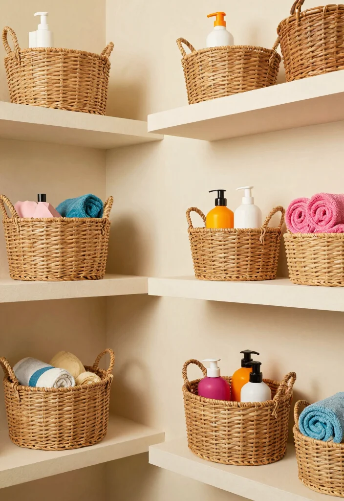 15 Bathroom Shelf Ideas For Smart Vertical Storage - 6. Decorative Baskets on Shelves: Enhance Organization and Aesthetics 1