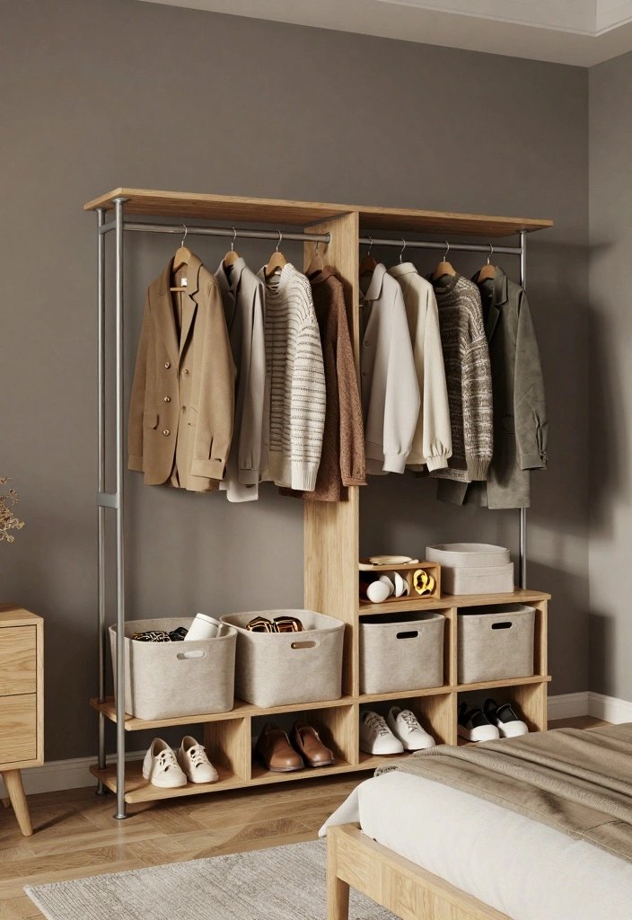 15 Clothing Rack Ideas Bedroom Stylish Open Storage - 4. Sectioned Rack with Baskets 1