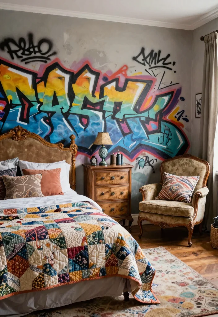 15 Graffiti Wall Art Bedroom Ideas Bold Urban Vibes - 13. Graffiti Art with Vintage Charm 1
