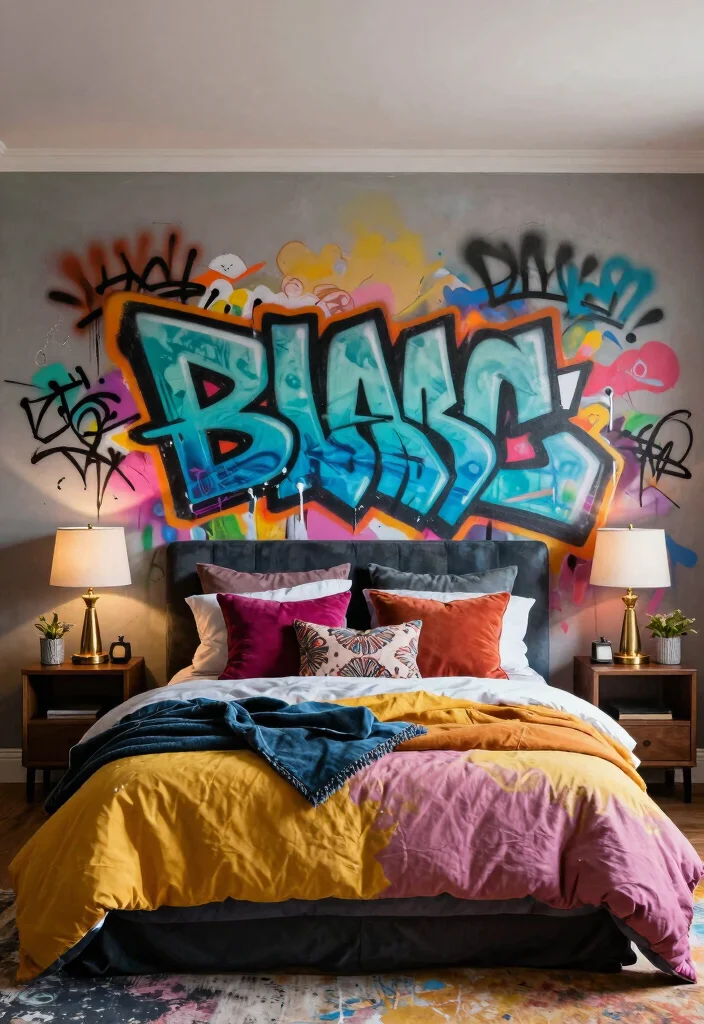 15 Graffiti Wall Art Bedroom Ideas Bold Urban Vibes - 14. Graffiti as a Headboard Design 1
