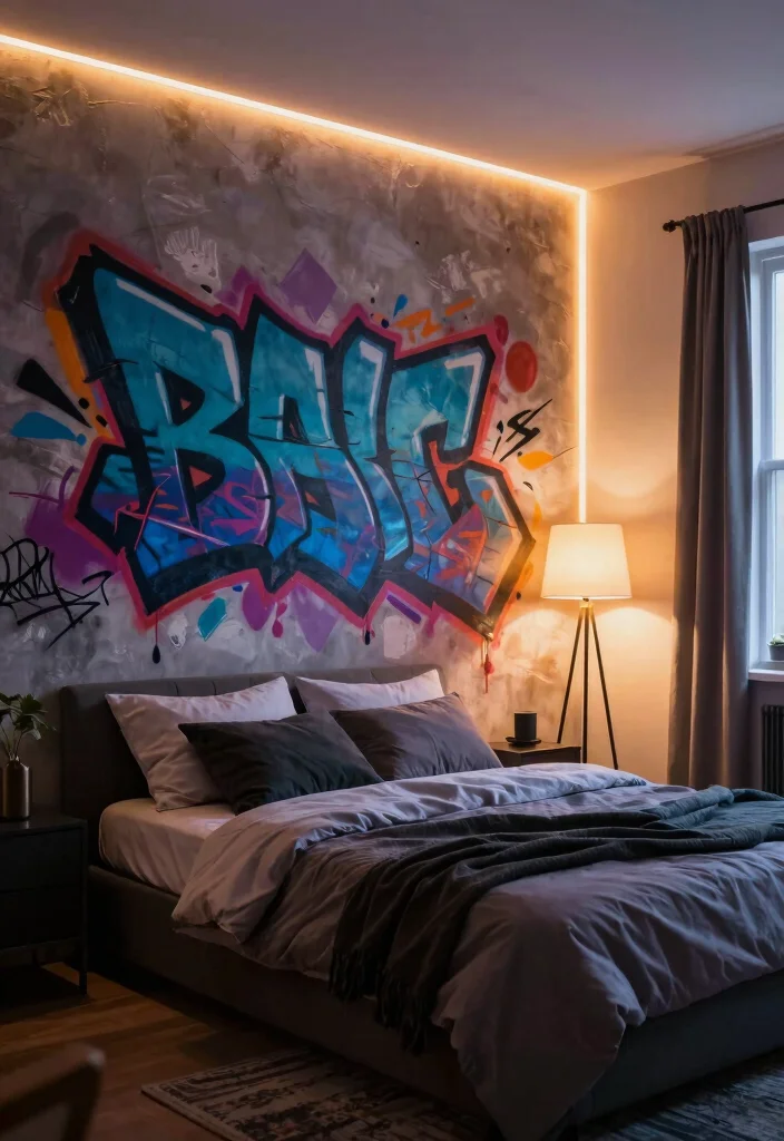 15 Graffiti Wall Art Bedroom Ideas Bold Urban Vibes - 4. Graffiti Art with Mood Lighting 1