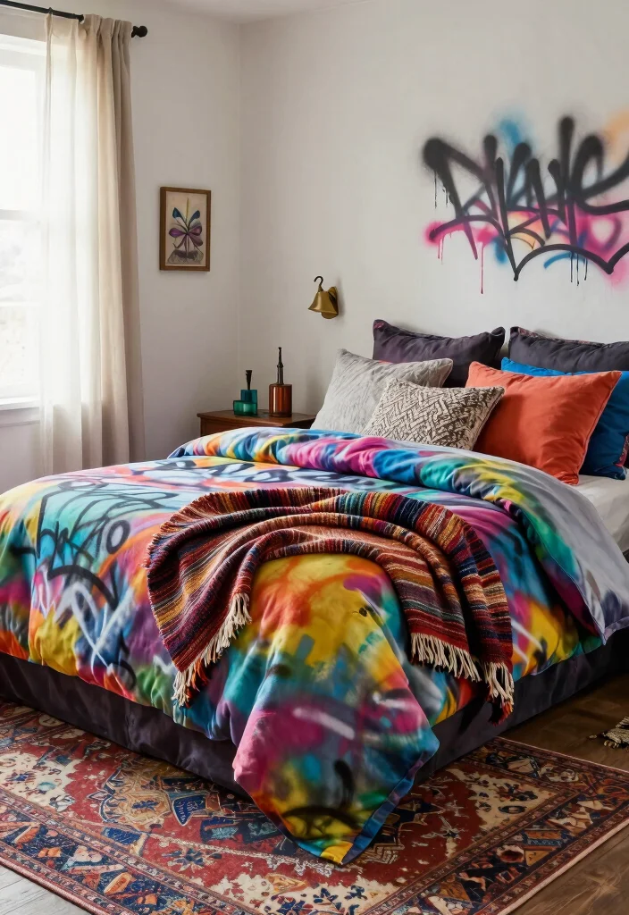 15 Graffiti Wall Art Bedroom Ideas Bold Urban Vibes - 6. Graffiti-Inspired Textiles 1