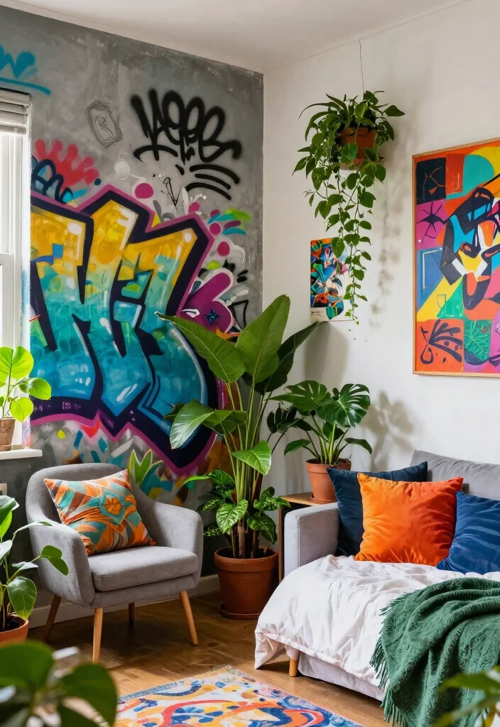 15 Graffiti Wall Art Bedroom Ideas Bold Urban Vibes - 9. Graffiti Wall Art and Plants Combo 1