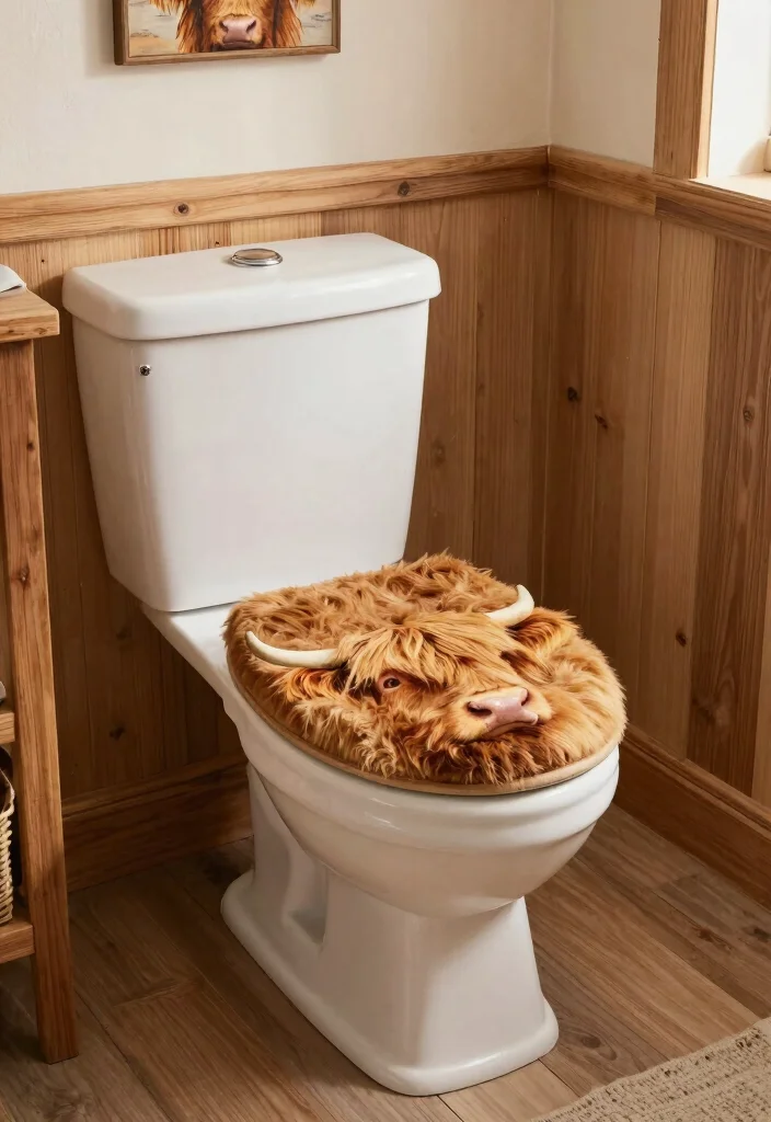 15 Highland Cow Bathroom Ideas With Rustic Charm - 10. Highland Cow Toilet Cover 1