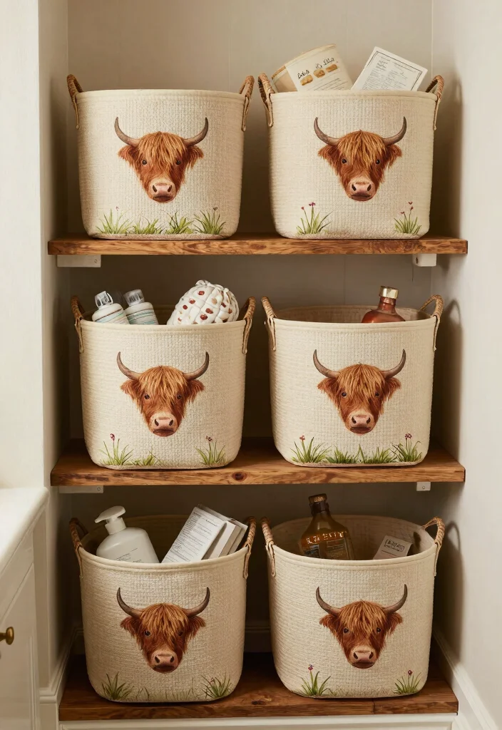 15 Highland Cow Bathroom Ideas With Rustic Charm - 11. Highland Cow Storage Baskets 1