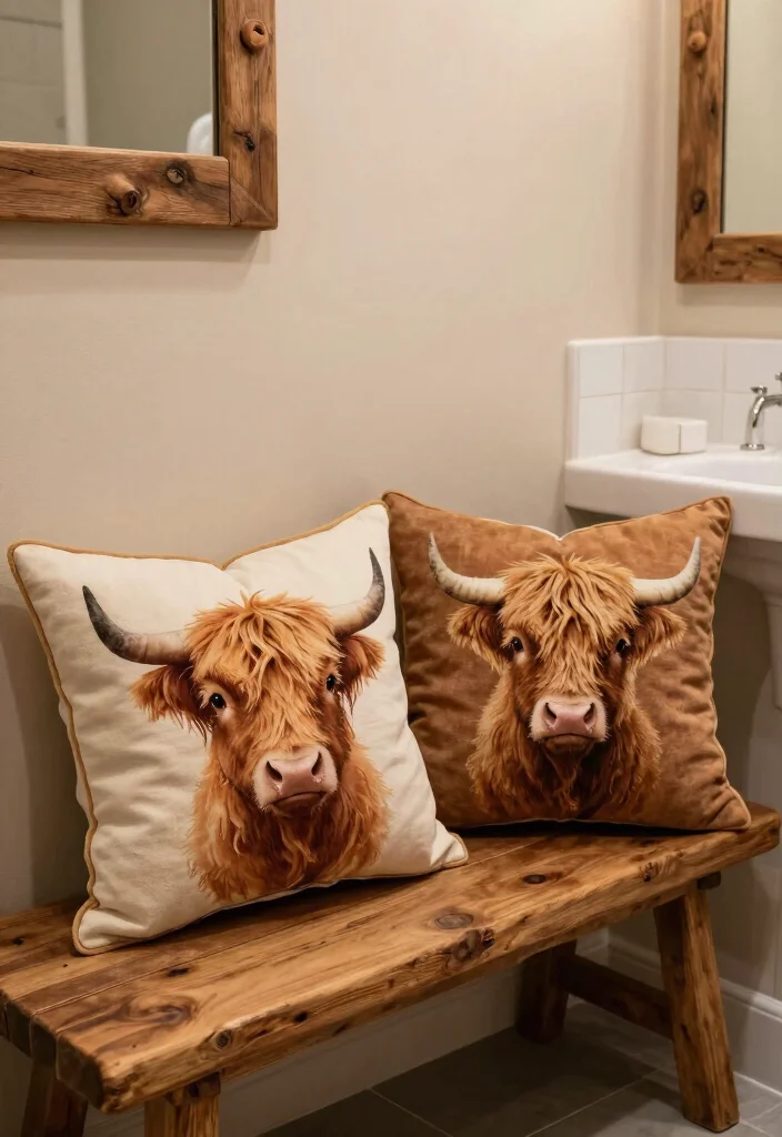 15 Highland Cow Bathroom Ideas With Rustic Charm - 14. Highland Cow Decorative Pillows 1