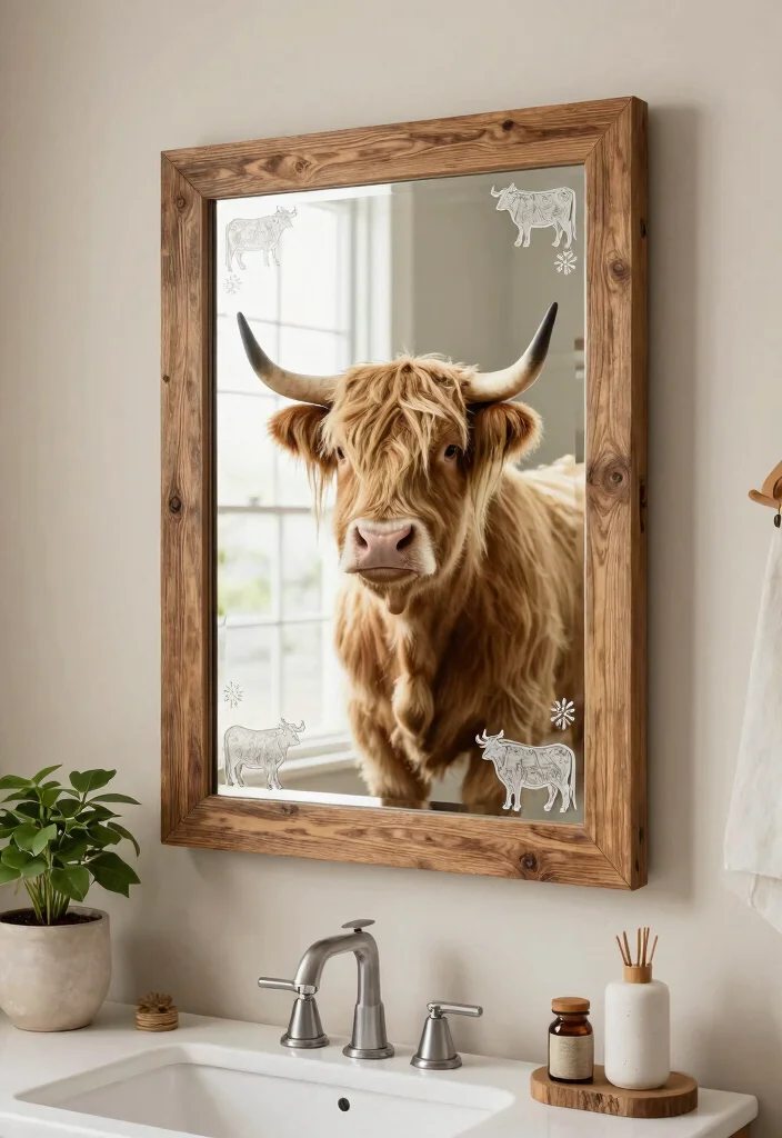 15 Highland Cow Bathroom Ideas With Rustic Charm - 6. Highland Cow Themed Mirror 1