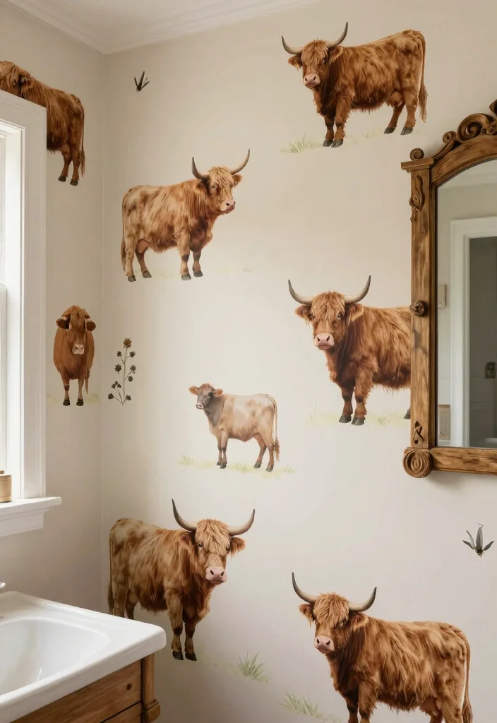 15 Highland Cow Bathroom Ideas With Rustic Charm - 7. Highland Cow Wall Decals 1