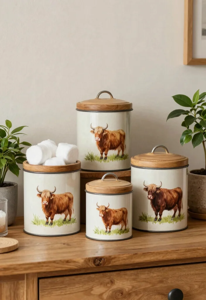 15 Highland Cow Bathroom Ideas With Rustic Charm - 9. Rustic Highland Cow Canisters 1