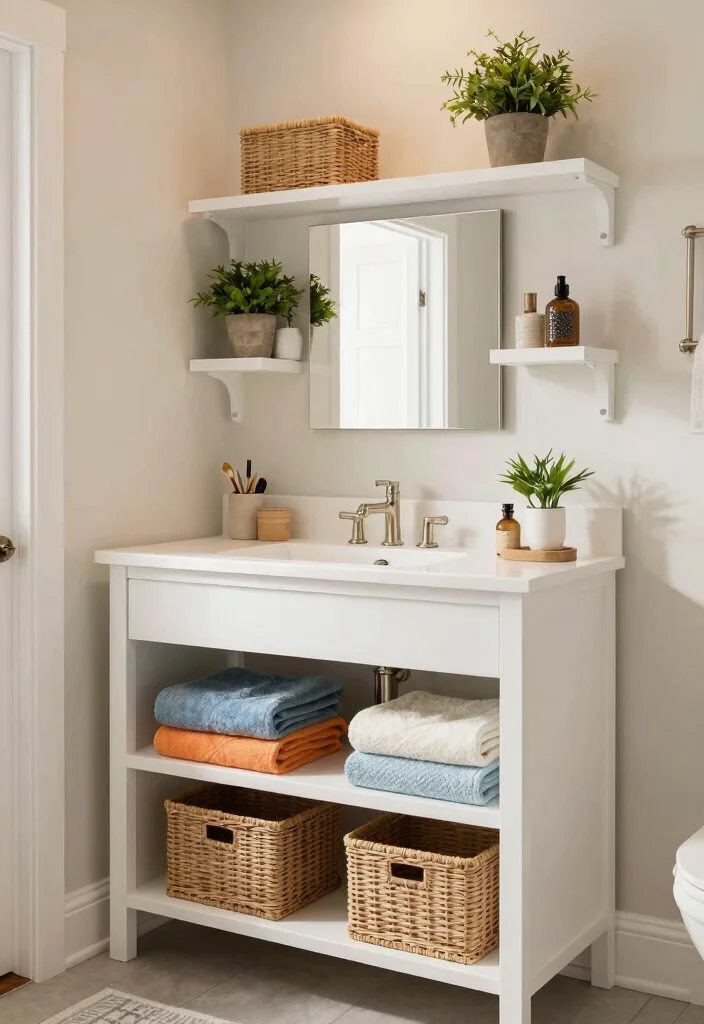 15 Modern Farmhouse Bathroom Vanity Ideas With Cozy Charm - 11. Open Shelving Solutions 1