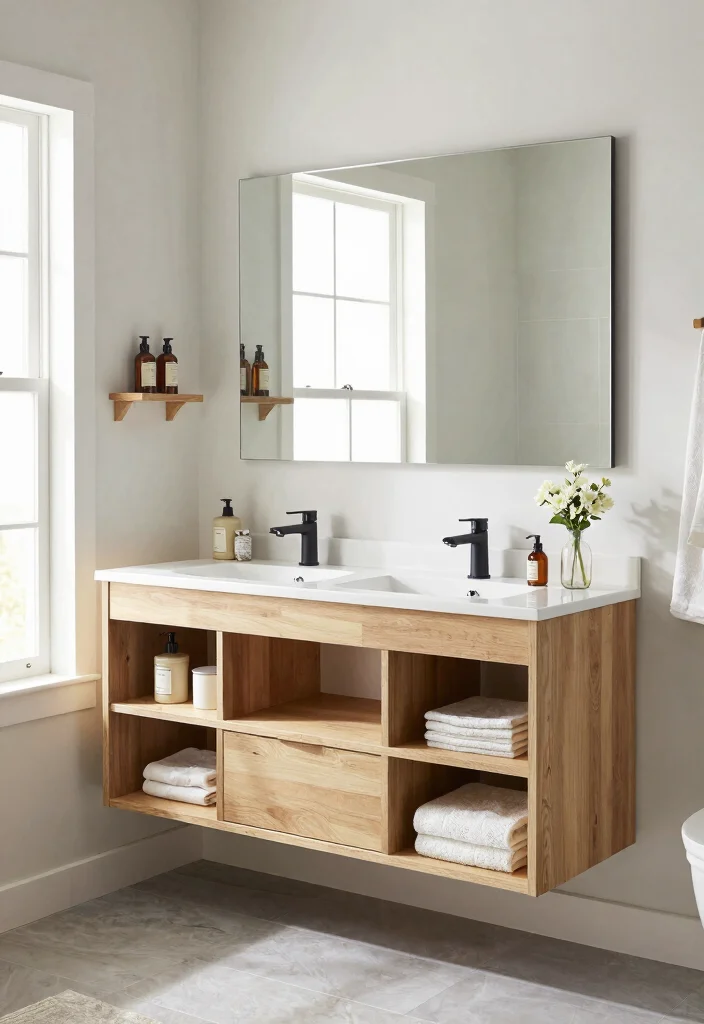 15 Modern Farmhouse Bathroom Vanity Ideas With Cozy Charm - 3. Chic Floating Vanities 1