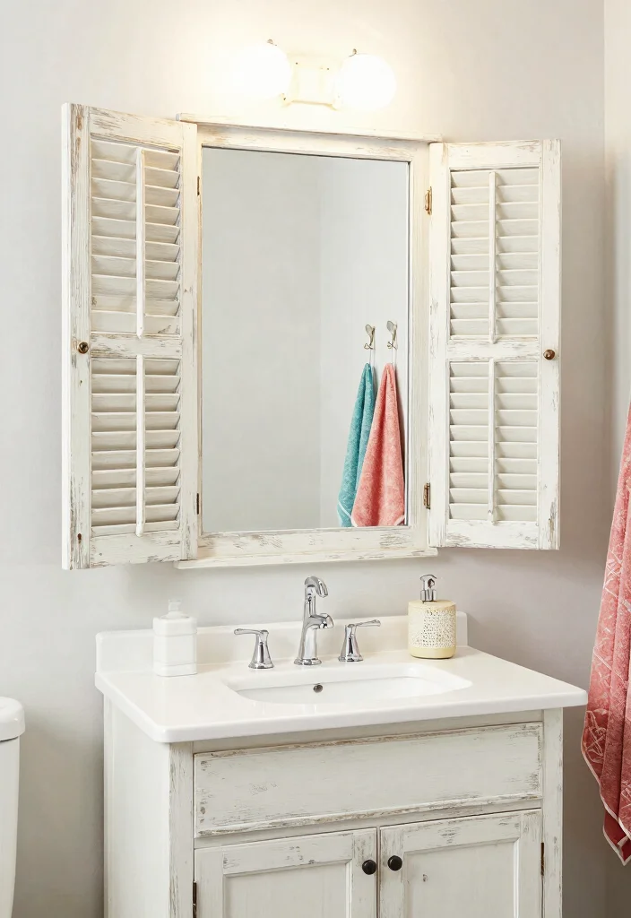 15 Modern Farmhouse Bathroom Vanity Ideas With Cozy Charm - 8. Vintage Shutters as Vanity Backsplashes 1