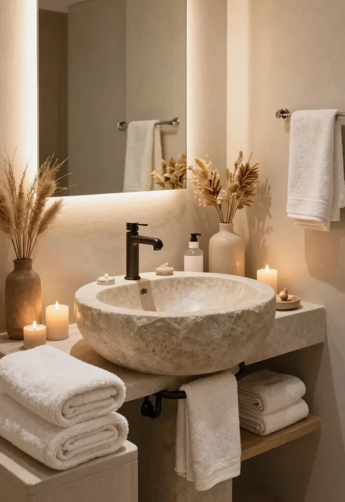 15 Stone Sink Bathroom Ideas With Luxury Feel - 15. Spa-Like Retreat with Stone Accents 1