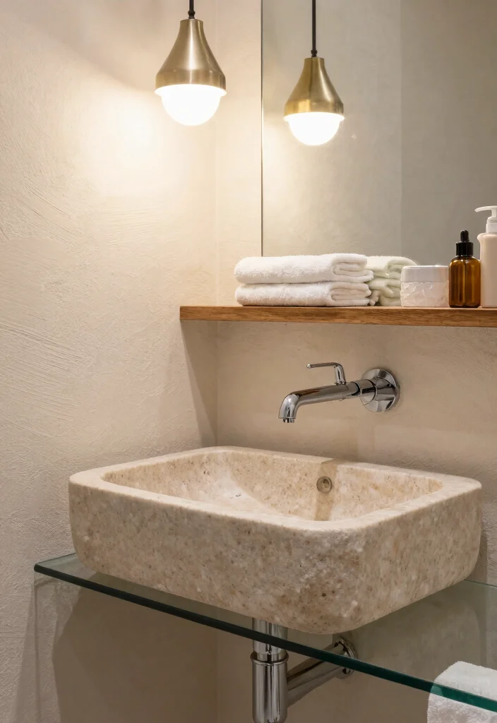 15 Stone Sink Bathroom Ideas With Luxury Feel - 7. Combined Textures for Depth 1