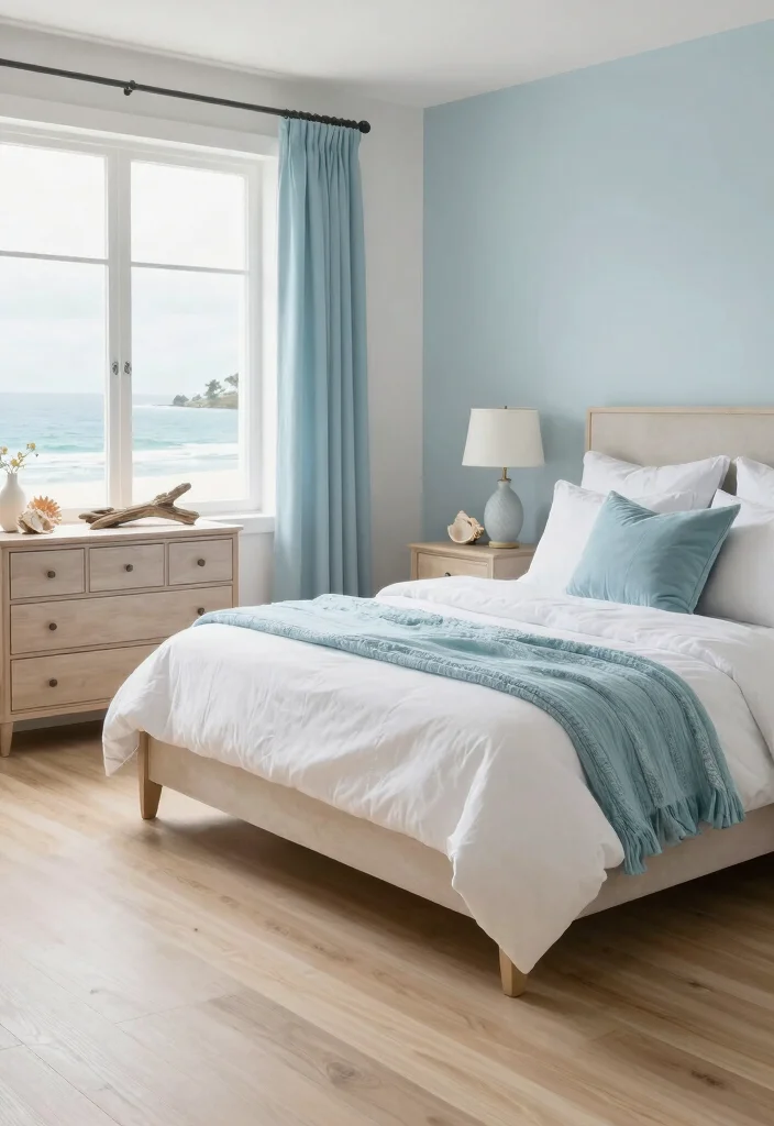 15 Wooden Floor Bedroom Ideas: Warm Natural Texture - 12. Coastal Vibes with Light Wood and Blues 1