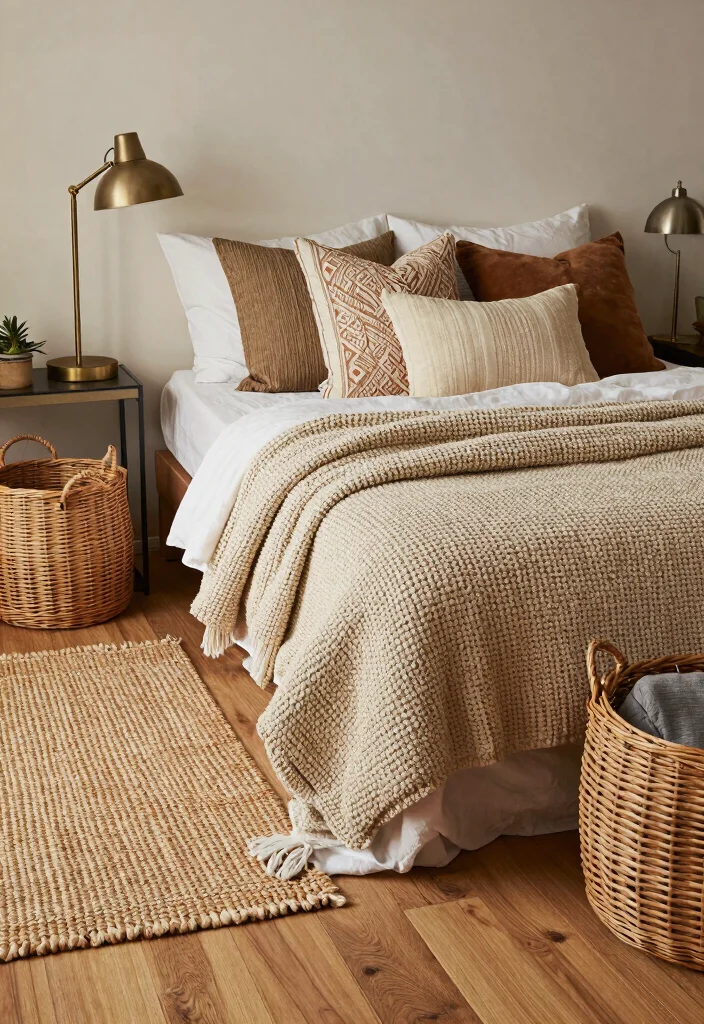 15 Wooden Floor Bedroom Ideas: Warm Natural Texture - 5. Layering Textures for Added Depth 1