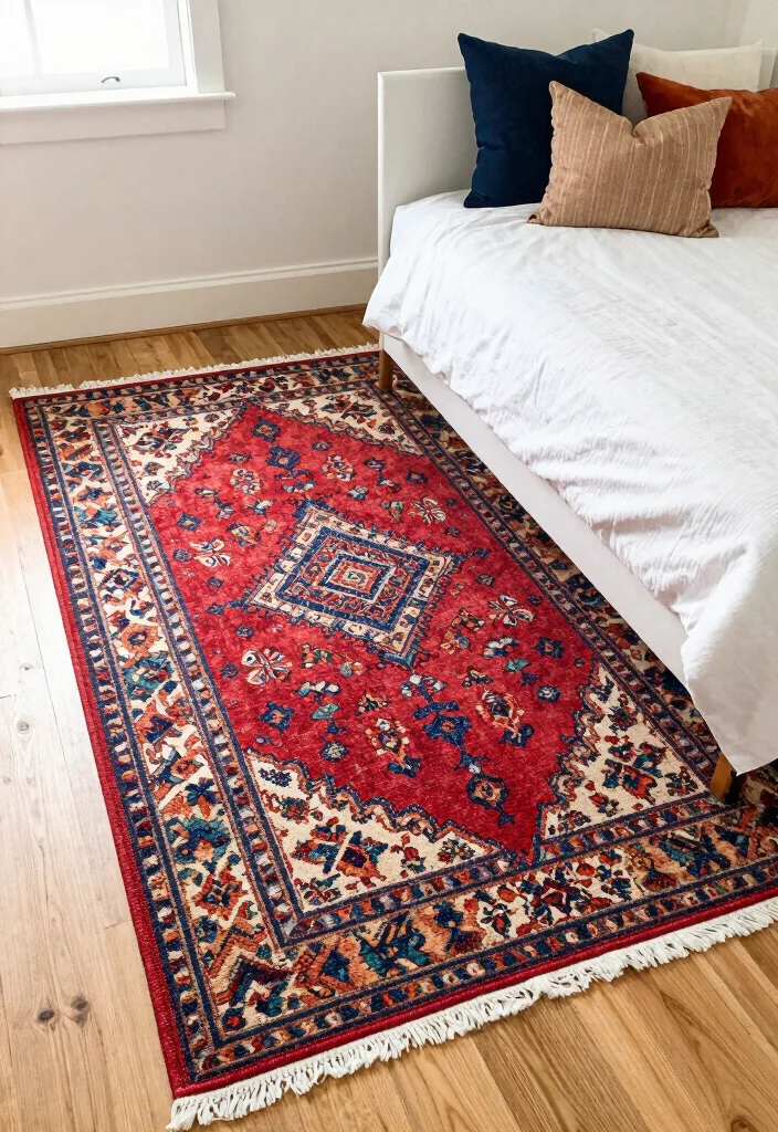 15 Wooden Floor Bedroom Ideas: Warm Natural Texture - 8. Statement Rugs to Define Spaces 1