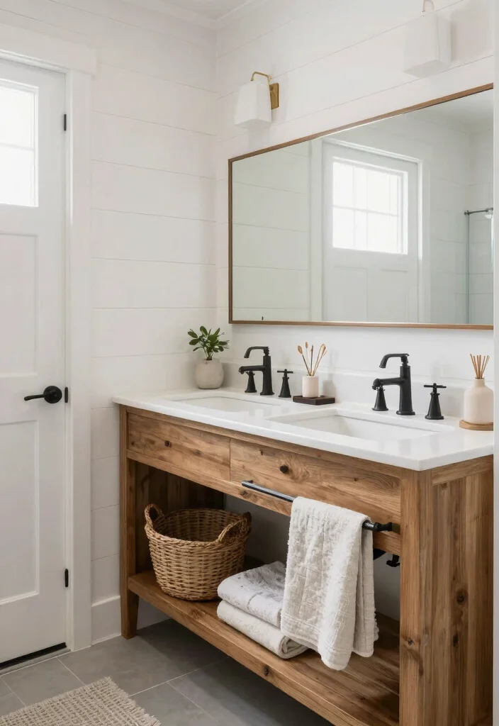 15 Wooden Vanity Bathroom Ideas With Natural Texture - 12. Modern Farmhouse Blend 1