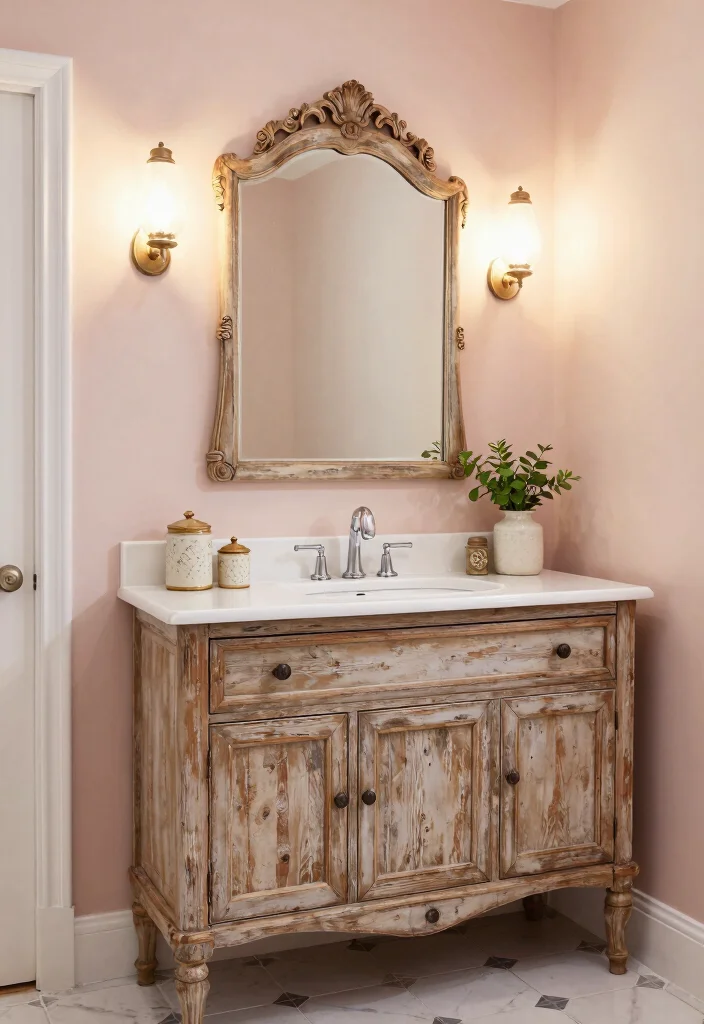 15 Wooden Vanity Bathroom Ideas With Natural Texture - 5. Vintage Inspiration with Distressed Finishes 1