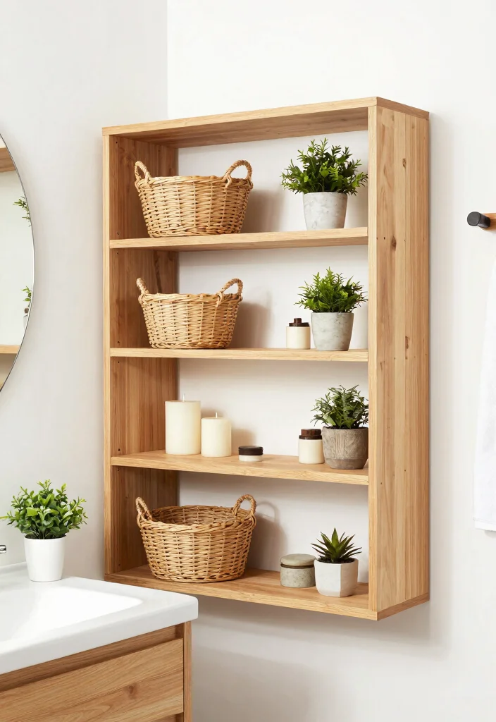 15 Wooden Vanity Bathroom Ideas With Natural Texture - 7. Open Shelving for a Natural Touch 1
