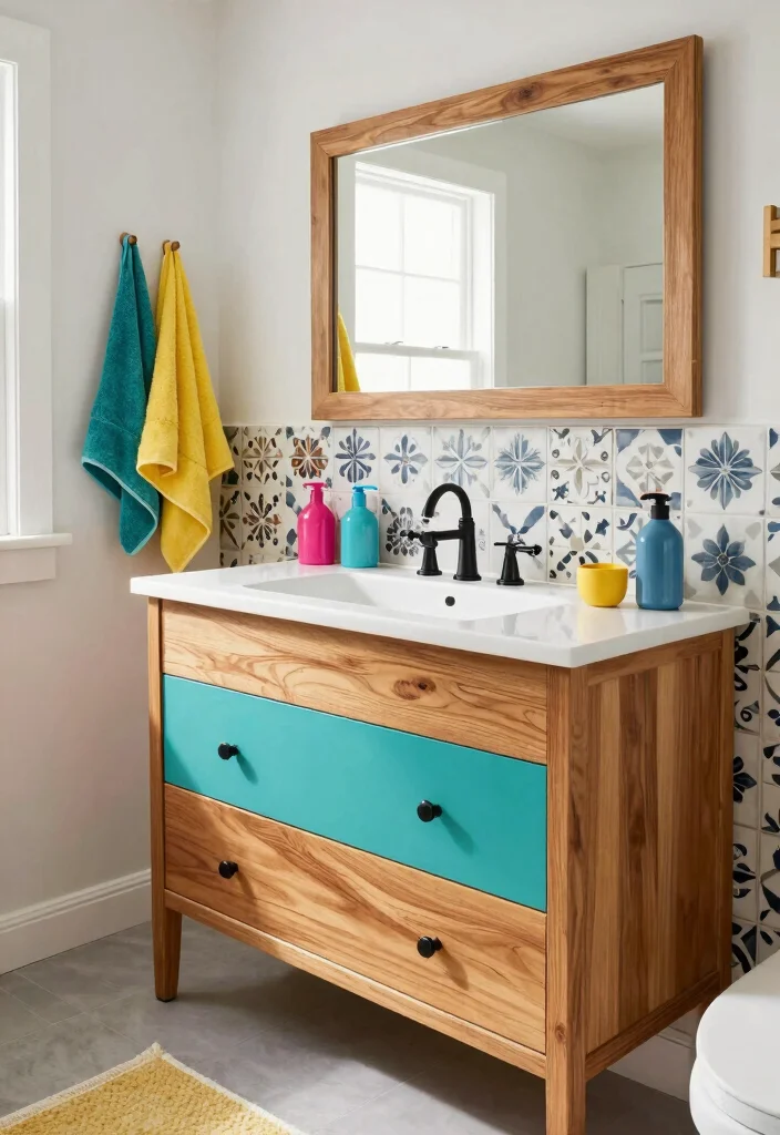 15 Wooden Vanity Bathroom Ideas With Natural Texture - 8. Eclectic Mix with Colorful Accents 1