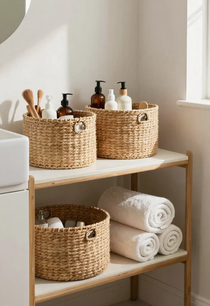 16 Bathroom Vanity Organization Ideas That Transform Your Space - 8. Use Baskets for Storage and Aesthetics 1