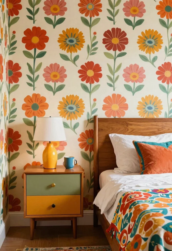 16 Bedroom Design With Wallpaper Ideas Patterned Impact - 7. Retro Patterns: A Vintage Touch 1