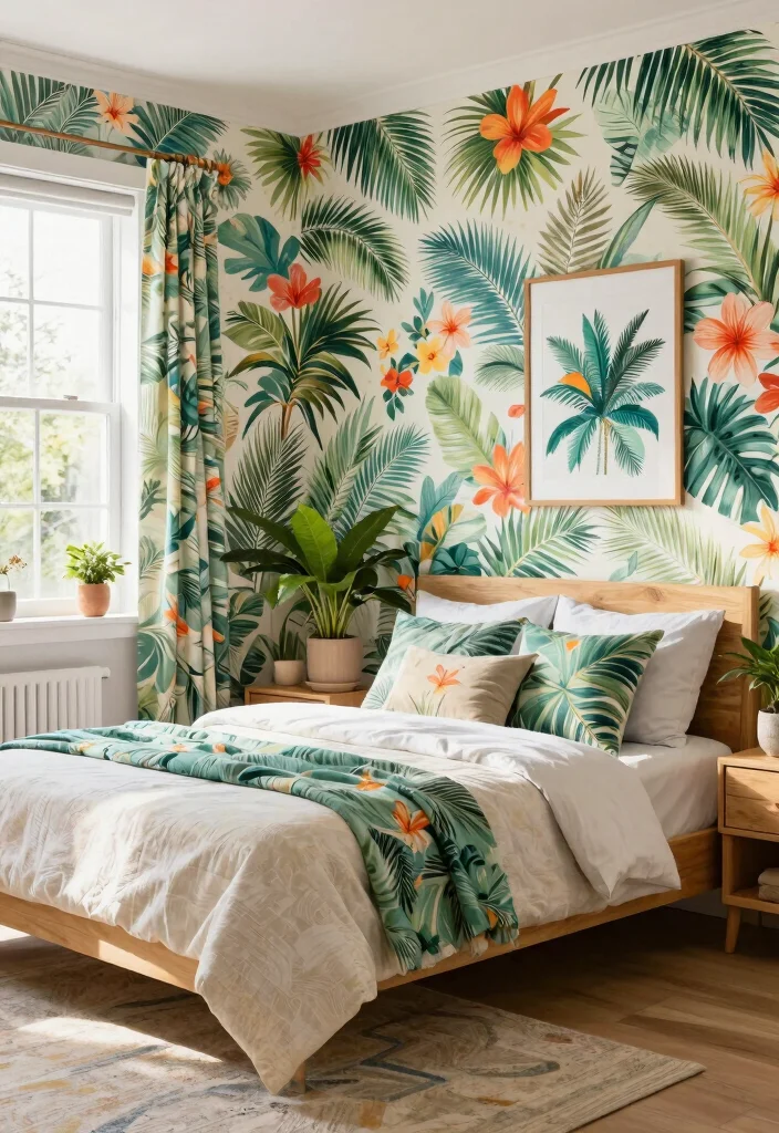 16 Bedroom Design With Wallpaper Ideas Patterned Impact - 9. Tropical Vibes: Escape to Paradise 1