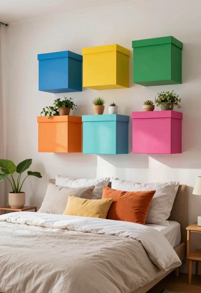 16 Bedroom Shelving Ideas Above Bed: Smart and Stylish Storage - 10. Colorful Floating Boxes 1
