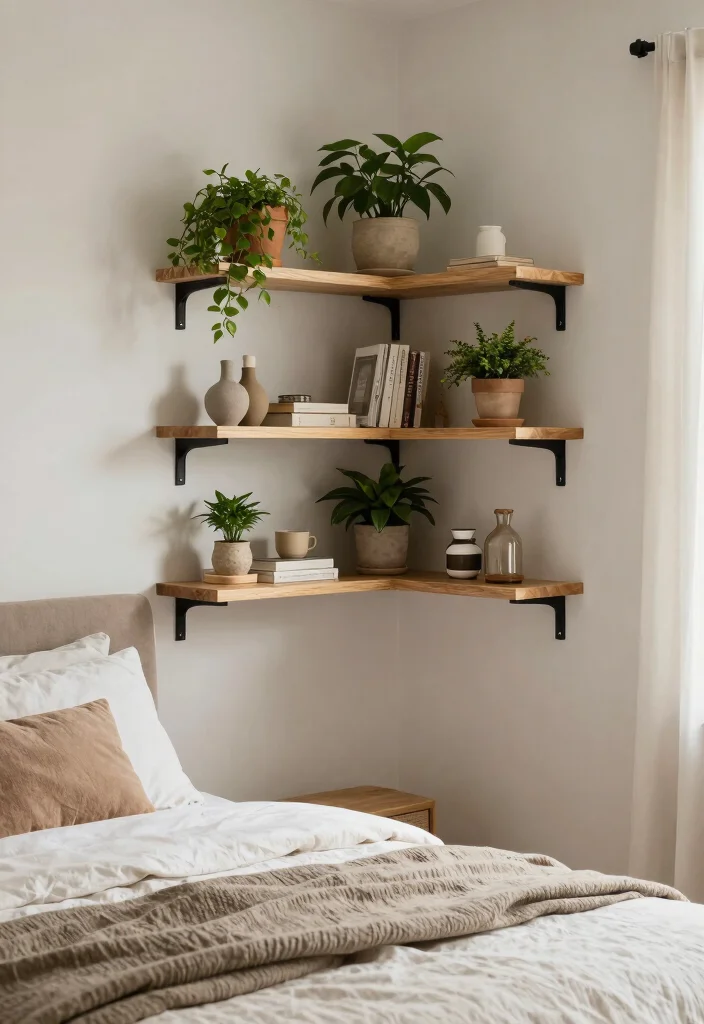 16 Bedroom Shelving Ideas Above Bed: Smart and Stylish Storage - 14. Corner Shelves for Unused Space 1