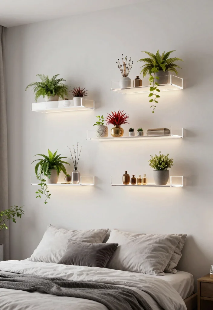 16 Bedroom Shelving Ideas Above Bed: Smart and Stylish Storage - 15. Acrylic Wall Shelves for a Modern Touch 1