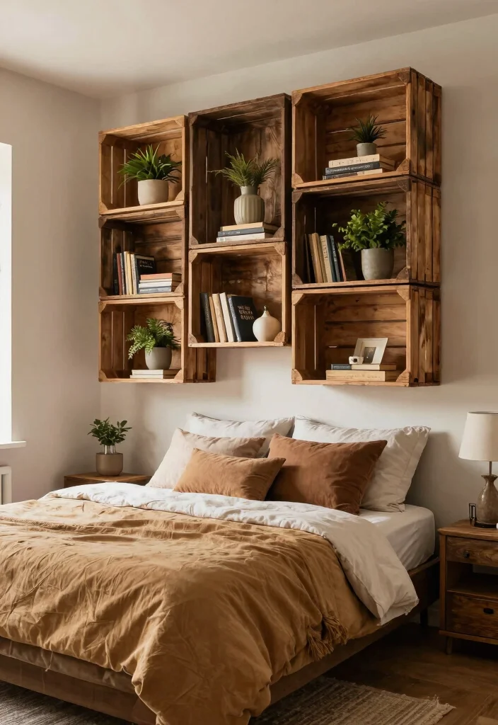 16 Bedroom Shelving Ideas Above Bed: Smart and Stylish Storage - 16. Repurposed Crates as Shelving 1
