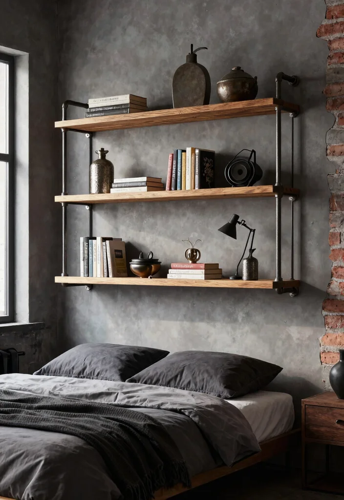 16 Bedroom Shelving Ideas Above Bed: Smart and Stylish Storage - 3. Industrial Pipe Shelves 1