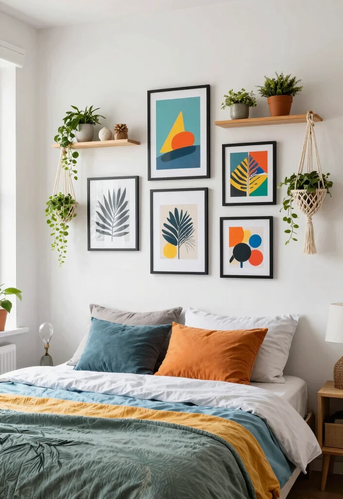 16 Bedroom Shelving Ideas Above Bed: Smart and Stylish Storage - 7. Gallery Wall with Plants 1