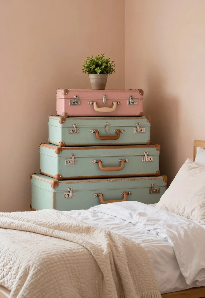 16 Bedroom Shelving Ideas Above Bed: Smart and Stylish Storage - 8. Vintage Suitcases for Unique Storage 1