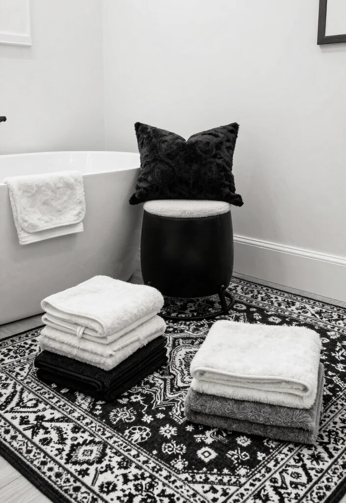 16 Black And White Bathroom Ideas With Timeless Contrast - 8. Layered Textiles 1