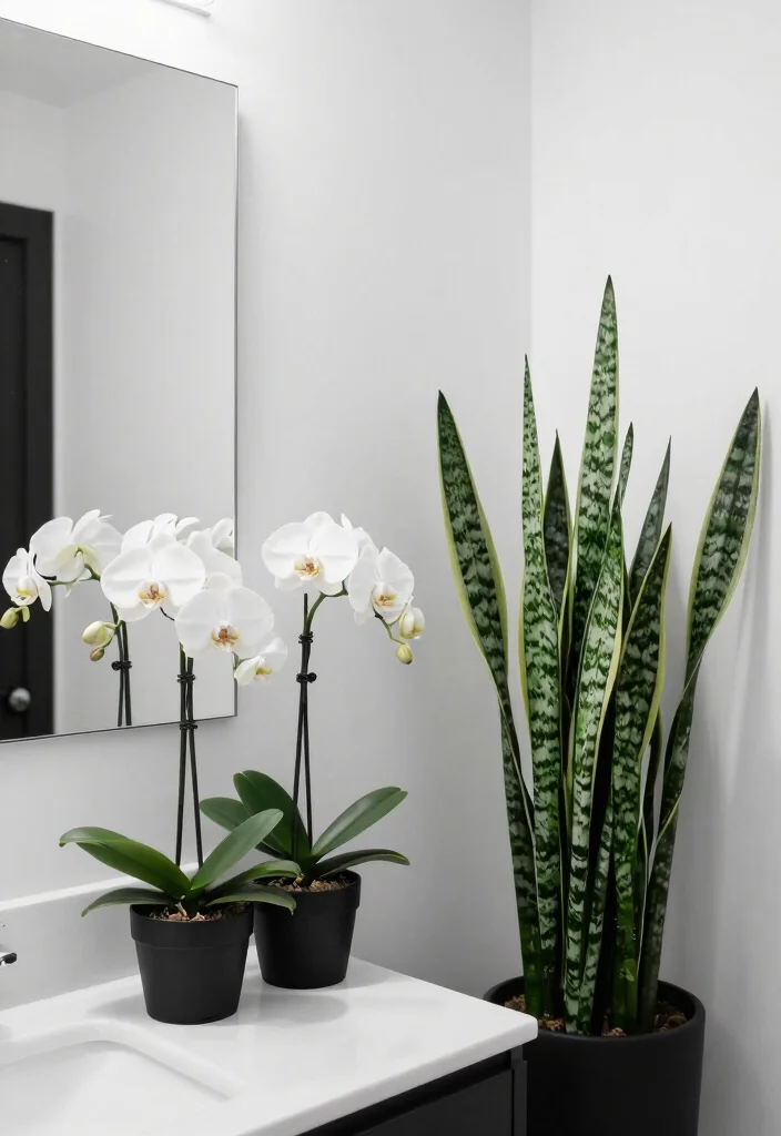 16 Black And White Bathroom Ideas With Timeless Contrast - 9. Monochromatic Plants 1