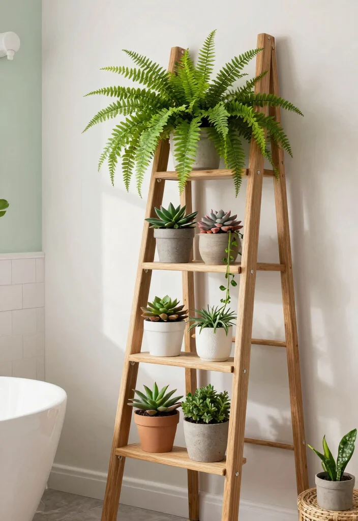 16 Botanical Bathroom Ideas For Natural Fresh Vibes - 10. Indoor Greenery Ladder 1