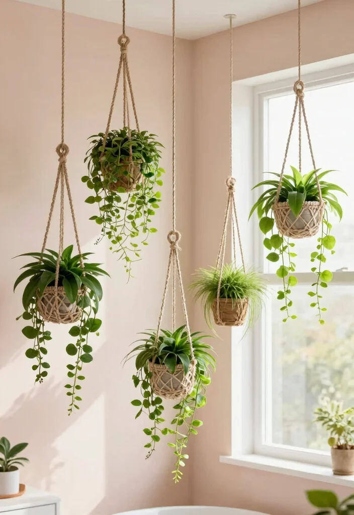 16 Botanical Bathroom Ideas For Natural Fresh Vibes - 3. Hanging Plant Displays 1