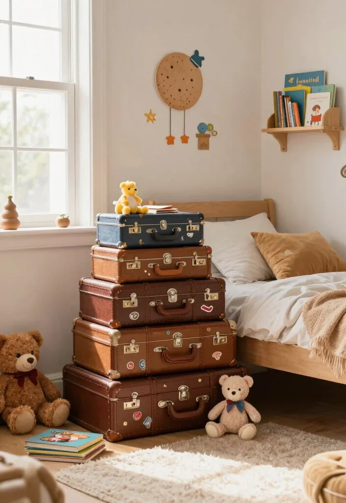 16 Kids Bedroom Storage Ideas: Organized and Practical - 1. Vintage Suitcases for Chic Toy Storage 1