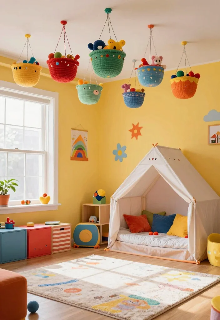 16 Kids Bedroom Storage Ideas: Organized and Practical - 11. Hanging Baskets for Vertical Toy Storage 1