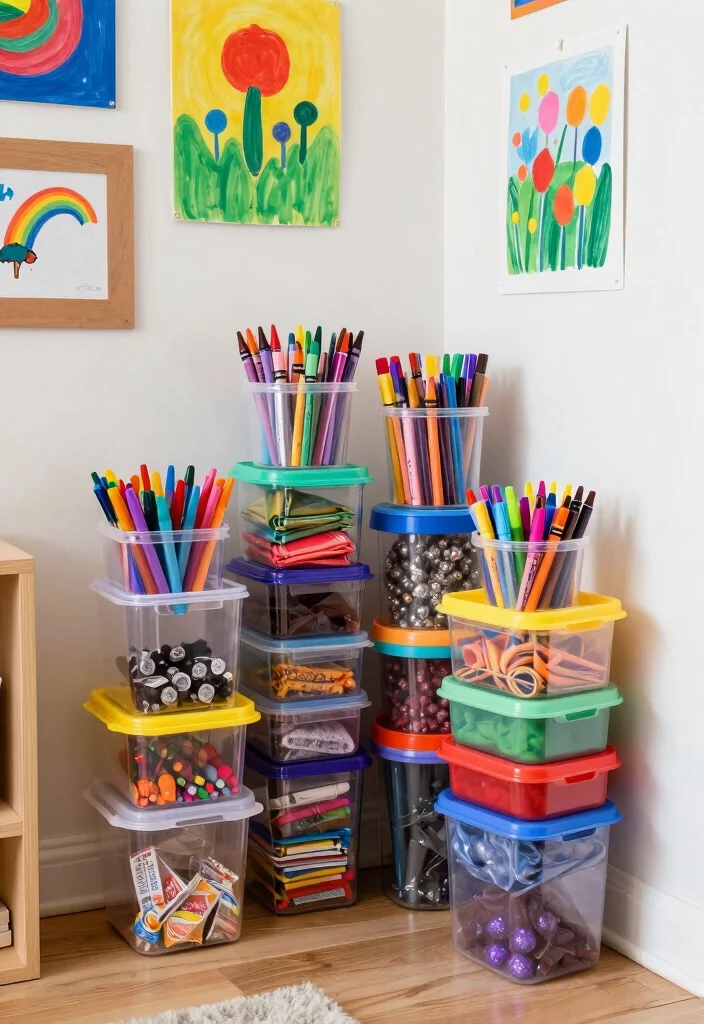 16 Kids Bedroom Storage Ideas: Organized and Practical - 16. Reusable Snack Containers for Art Supplies 1
