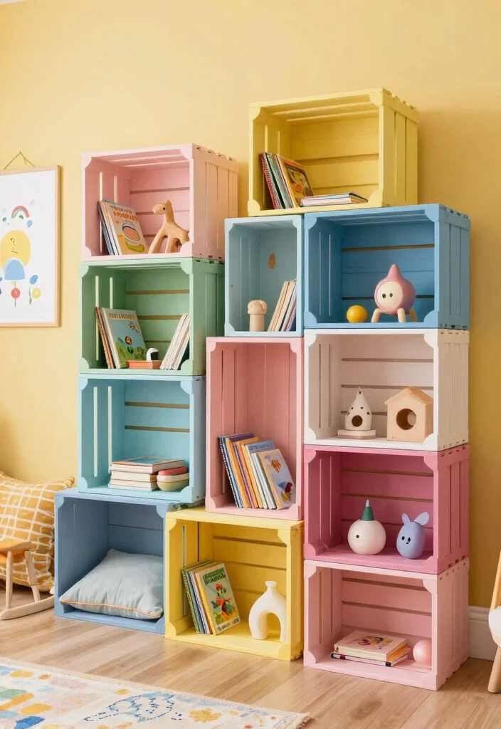16 Kids Bedroom Storage Ideas: Organized and Practical - 2. Upcycled Wooden Crates for Stylish Shelving 1