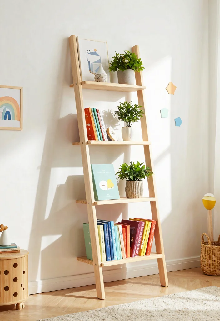 16 Kids Bedroom Storage Ideas: Organized and Practical - 9. Ladder Shelf for Vertical Storage 1