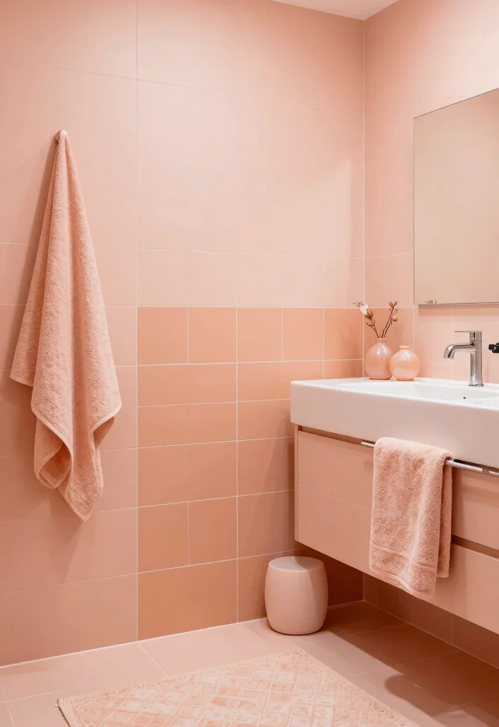 16 Peach Bathroom Ideas With Soft Warm Colour - 10. Chic Monochrome Peach 1