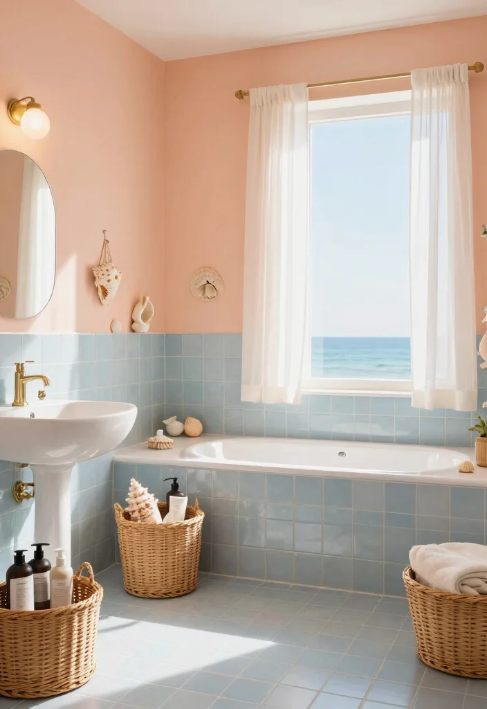 16 Peach Bathroom Ideas With Soft Warm Colour - 11. Coastal Vibes with Peach 1